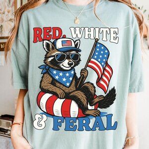 Red White And Feral Funny Raccoon Shirt Funny USA 4th Of July Shirt